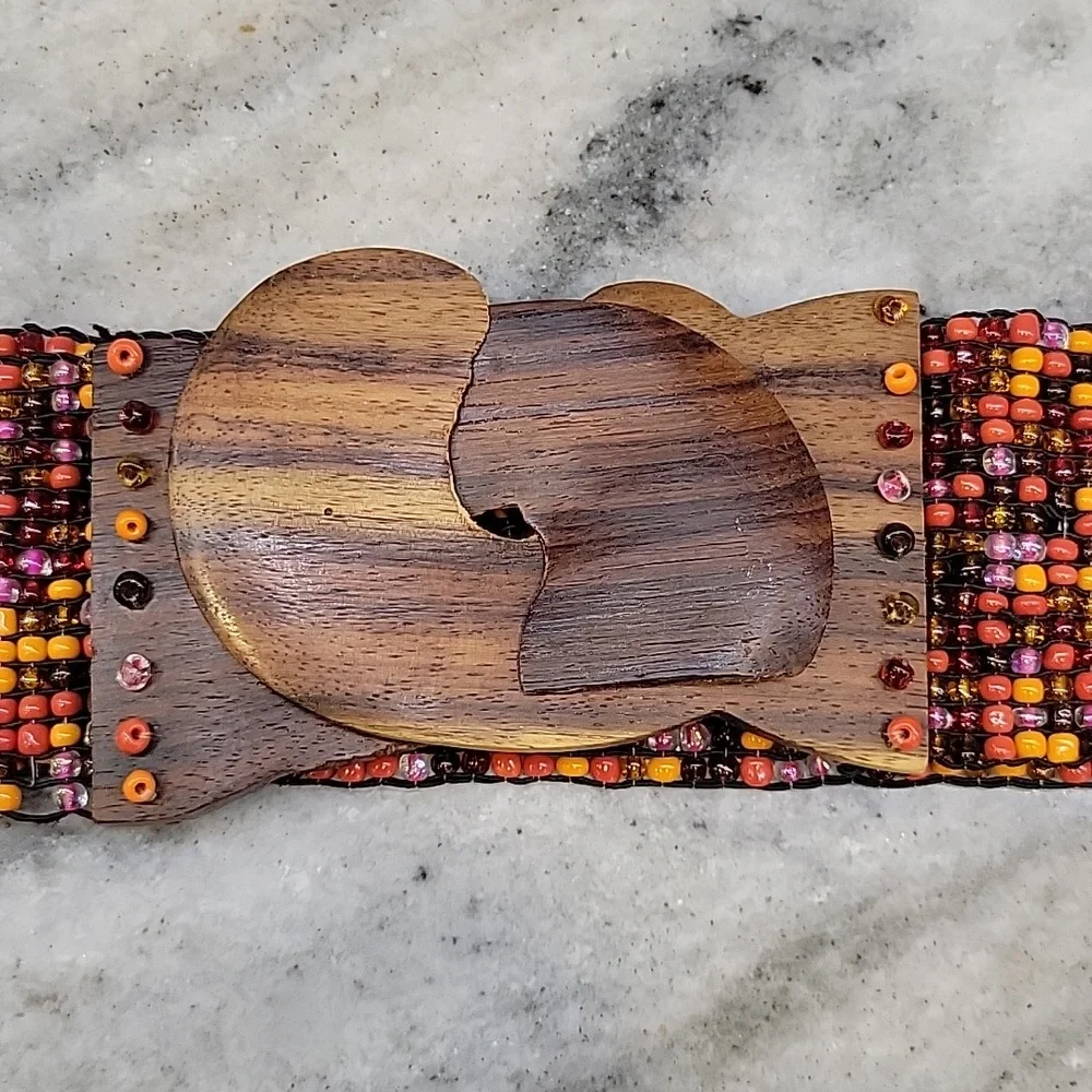 Boho, hippie, Beaded Stretchy Cinch Belt with Wood Buckle large